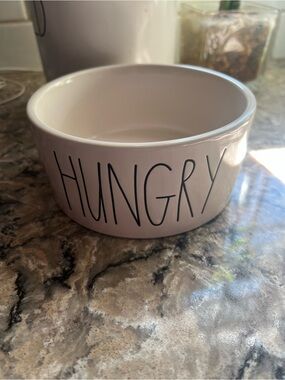 Rae Dunn Hungry Ceramic Pet Bowl - White with Black Lettering “Hungry” NWT